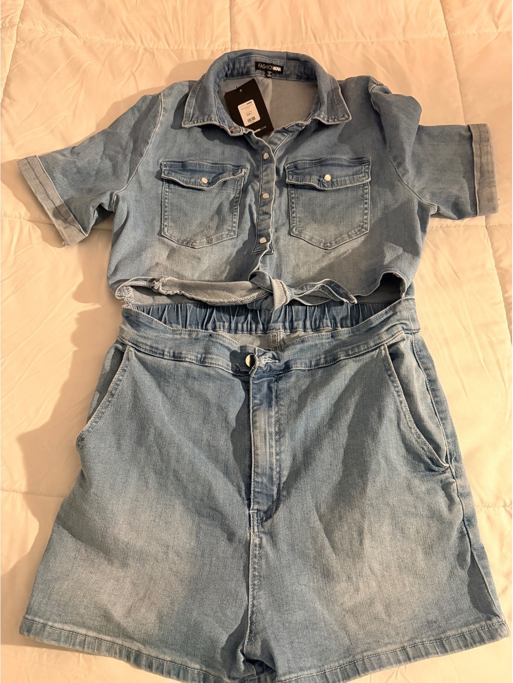 Fashion Nova Denim Two-Piece Set Crop Shirt and Shorts Size